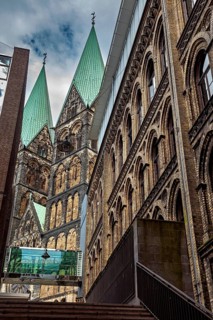 Modern and Gothic architecture with cathedral towers and glass design, Bremen Cathedral