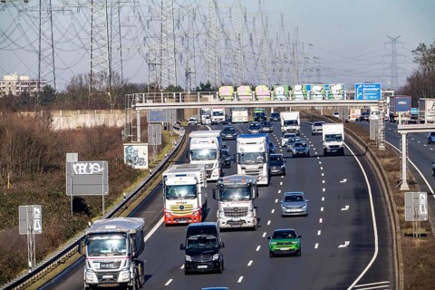 A57 motorway near Kaarst in the Rhein-Kreis Neuss, view towards Kaarst motorway junction, direction
