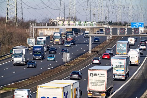 A57 motorway near Kaarst in the Rhein-Kreis Neuss, view towards Kaarst motorway junction, heavy