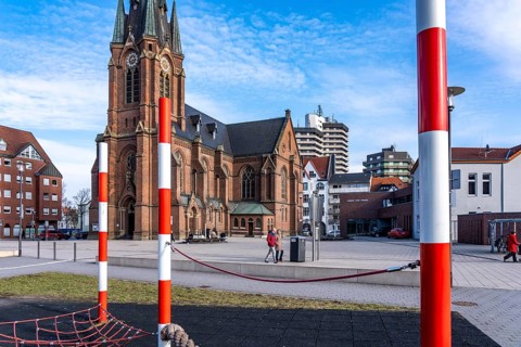 The city center of Herne, Europaplatz, evangelische Kreuzkirche, high-rise residential building,