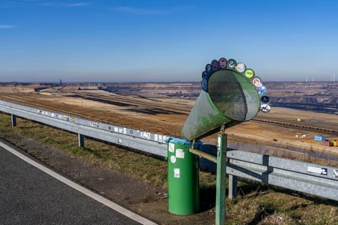 Garzweiler II coal mine, view from Jackerath viewpoint, waste bin with funnel, North