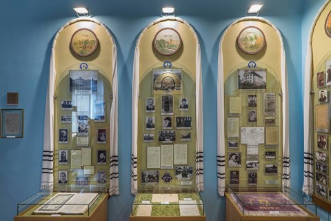 Showcases with historical photos, Jewish Museum, Czernowicz, Ukraine