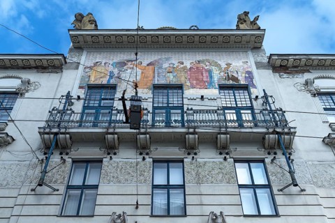 Art Nouveau house façade with coloured frescoes, residential building around 1900, Czernowicz,