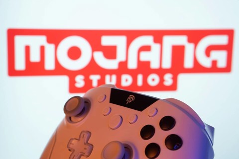 Dhaka, Bangladesh- 20 Mar 2025: A close-up of a white gamepad with the Mojang Studios seen on