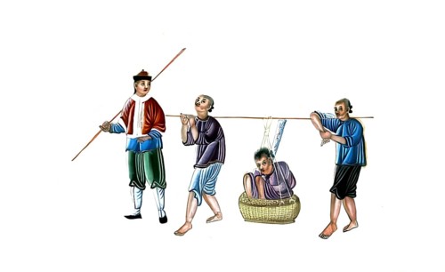 Jurisprudence, torture and punishment in medieval China, two guards carry a criminal who is tied in