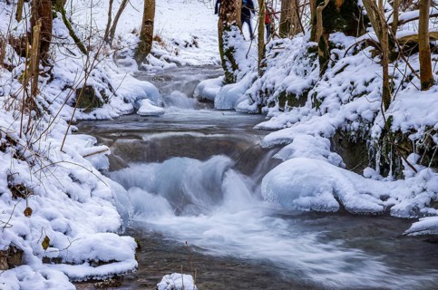 Small watercourse in winter with ice floes and mossy stones, Brühlbach below Urach Waterfall, Bad