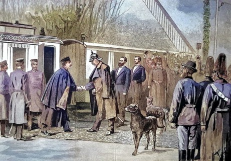 Kaiser Wilhelm II's visit to Friedrichsruh, Germany. Handshake between the Kaiser and Bismarck.