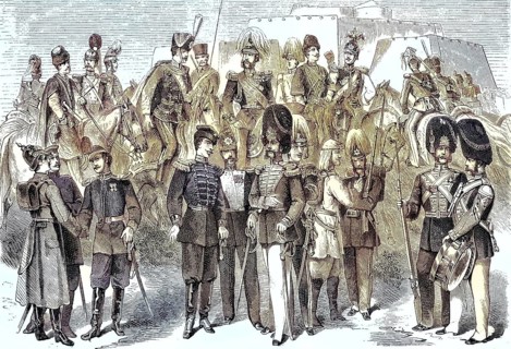 Uniforms of the russian soldiers in the year 1880, russische Dragoner und Husaren, Infanterie,