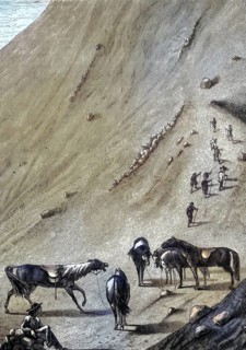 Historical illustration of the last horse station on Mount Vesuvius, Naples, Italy/Historical
