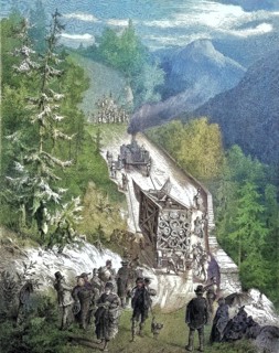 Historical illustration showing the transportation of the parts of a large cross on a mountain pass