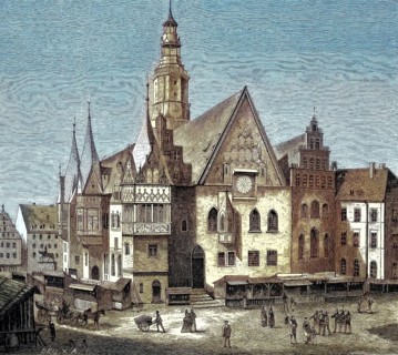 Historical illustration of the town hall of Wroclaw, Wroclaw, former German city, now Poland,