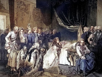 Historical illustration showing the last day of Emperor Joseph II, 1741 - 1790, in front of his