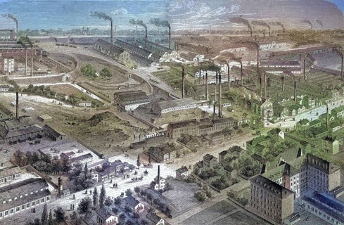 Historical illustration of the Bochumer Verein, a factory for the production of crucible steel,