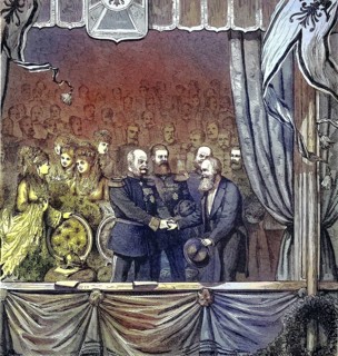 Historical illustration of the emperor shaking hands with an artist, 1870/Historical illustration