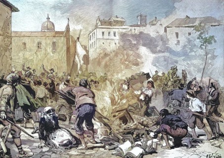 Historical illustration of the uprising in Sicily 1893. Destruction of the tax office in Monreale,