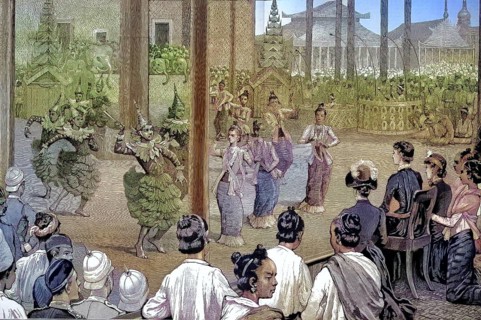 Historical illustration of the government palace of Mandalay, Burma, Myanmar, with a pantomime show