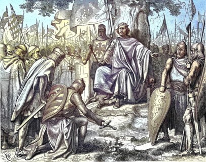 Historical illustration of the subjugation of the Saxon princes in Spira, today Speyer, Germany,