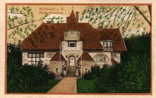 Historical postcard around 1900, Ballenstedt im Harz, bathhouse, Harz district in Saxony-Anhalt,