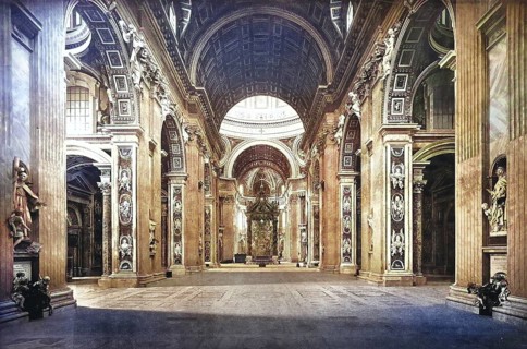 Historical photo (ca 1880) of the interior of the Papal Basilica of St. Peter in the Vatican,