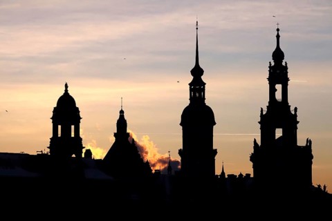 View of the old town of Dresden, castle and court church, winter evening, Dresden, Saxony, Germany