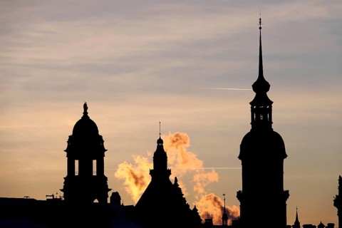 View of the old town of Dresden, castle, winter evening, Dresden, Saxony, Germany