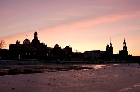 Dresden on a winter evening, Elbe, Church of Our Lady, Palace and Court Church, Saxony, Germany