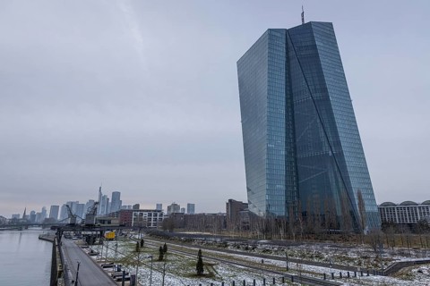 The snow in front of the European Central Bank (ECB) in Frankfurt am Main begins to melt, Frankfurt
