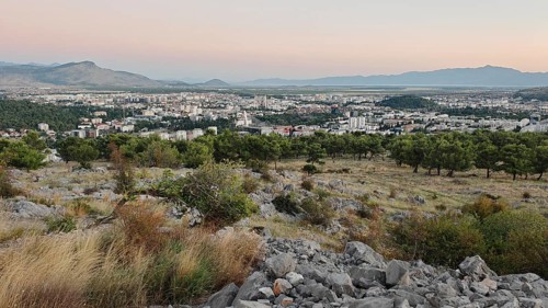 A city surrounded by nature with trees in the foreground and mountains in the background,