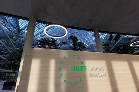 EUREF-Campus Düsseldorf, atrium with logo, European Energy Forum for Climate Protection and