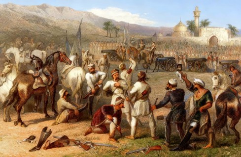 The disarming of cavalry of soldiers by the British units at Berhampur, Berhampore, Indian Mutiny,