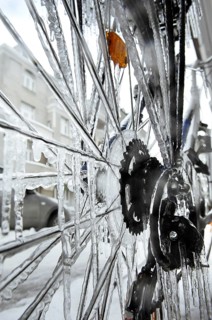 Bicycle icy due to freezing rain, icicles, detailed view