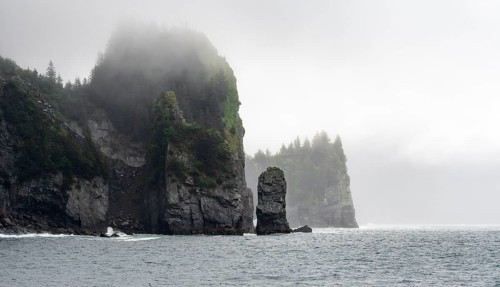 Mystical fog sweeps around rocky islands on the coast, Kenai Fjords National Park, Kenai Peninsula,