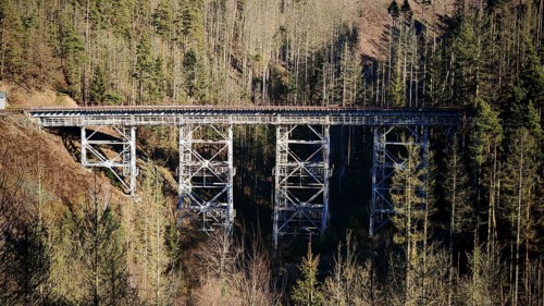 Old metal railway bridge surrounded by a thick forest in sunlight, Ziemestalbrücke, Thuringian