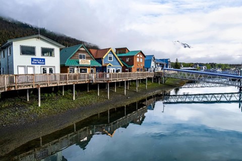 Colourful houses on the harbor, with reflection, Seward, Kenai Peninsula, Alaska, USA
