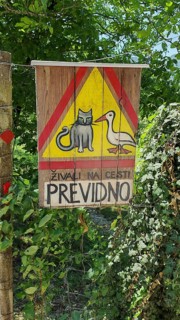 Wooden warning sign with drawing of a cat and duck, surrounded by vegetation, Slovenia