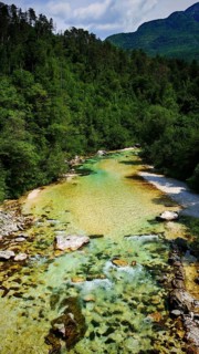 A clear river flows through a wooded area with mountains in the background, Soca Valley, Slovenia