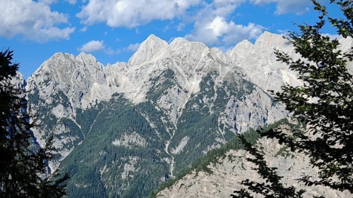 Majestic mountains under blue sky with trees in the foreground, Slovenia