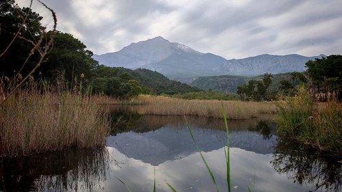 A calm lake reflects the Tahtali Dagi and surrounding mountains and clouds, surrounded by reeds