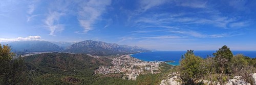 Far-reaching view of a coastal town with mountains and sea, panorama, Kemer, Lycia, Turkey