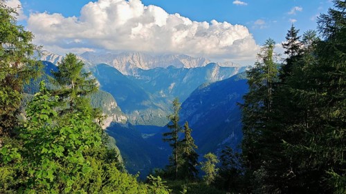 Panorama of a mountain horizon with overhanging cloud cover, Slovenia