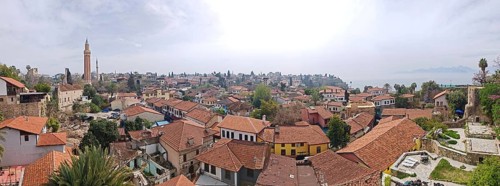 Panoramic view of a city Antalya cityscape with red roofs and historic buildings, Antalya, Turkey