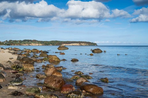 Boulders on the coast, view of Göhren cliffs, Lobbe, Mönchgut peninsula, Rügen, island, Baltic Sea,