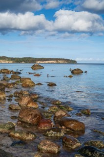 Boulders on the coast, view of Göhren cliffs, Lobbe, Mönchgut peninsula, Rügen, island, Baltic Sea,