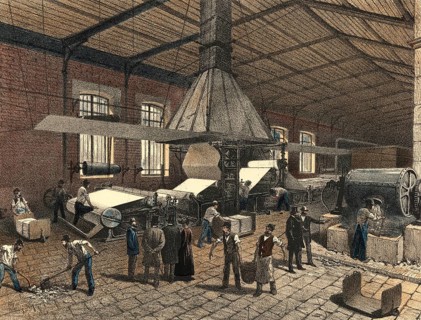 Industrial plant around 1890, paper mill, production of paper, authentic, digitally restored