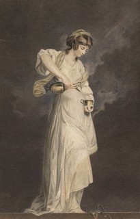 The virtues: temperance, standing female figure in antiquing clothing, depiction of the virtue of