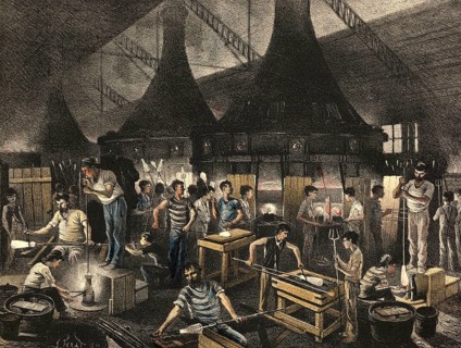 Industrial plant around 1890, glass blower, glass factory, authentic, digitally restored