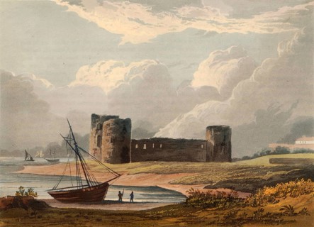 Flint castle around 1840, castle ruins in Flintshire in Wales, authentic, digitally restored