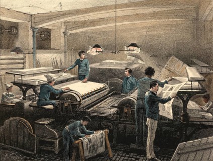 Industrial plant around 1890, press typography, production of printed products, authentic,