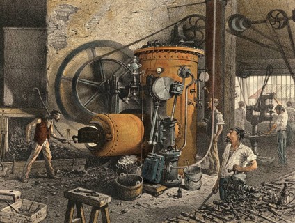 Industrial plant around 1890, steam engine in industrial use, authentic, digitally restored