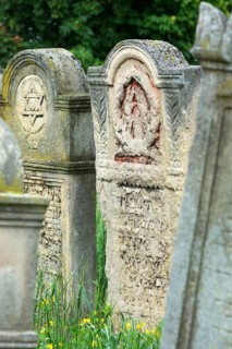 Tombstones with relief of symbols, Jewish cemetery, since 1866, Czernowicz, Bukovina, Ukraine
